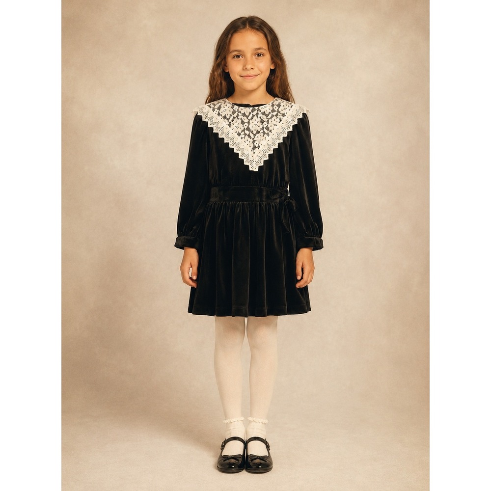 Vintage 1980s Eber Girl Black Velvet Lace Collar Party Holiday Dress Girls 8y
